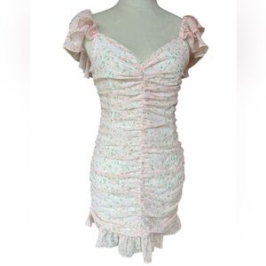 Elodie Ruffle Sleeve Pink Floral Print Ruched Fitted Minidress Size Small NWOT